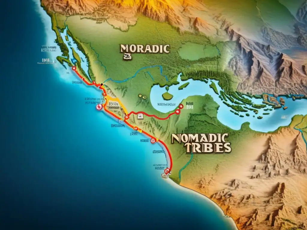 Detallado mapa vintage de rutas nómadas, con tonos terrosos y símbolos culturales, conservando el legado de tribus nómadas