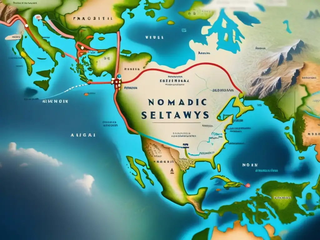 Detallado mapa vintage de rutas comerciales entre tribus nómadas