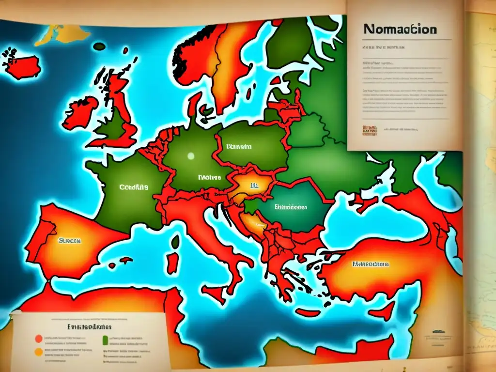 Detallado mapa vintage de rutas migratorias de tribus nómadas en Europa y Asia, con símbolos tribales en pergamino envejecido