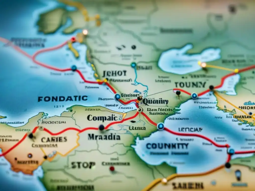 Detallado mapa vintage de rutas de migración de tribu nómada, con tonos terrosos y ilustraciones detalladas de hitos clave a lo largo del camino