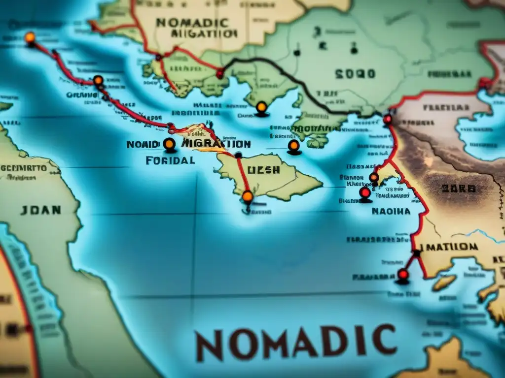 Detallado mapa vintage de rutas nómadas y estrategias de asentamiento, con tonos terrosos y paisajes diversos