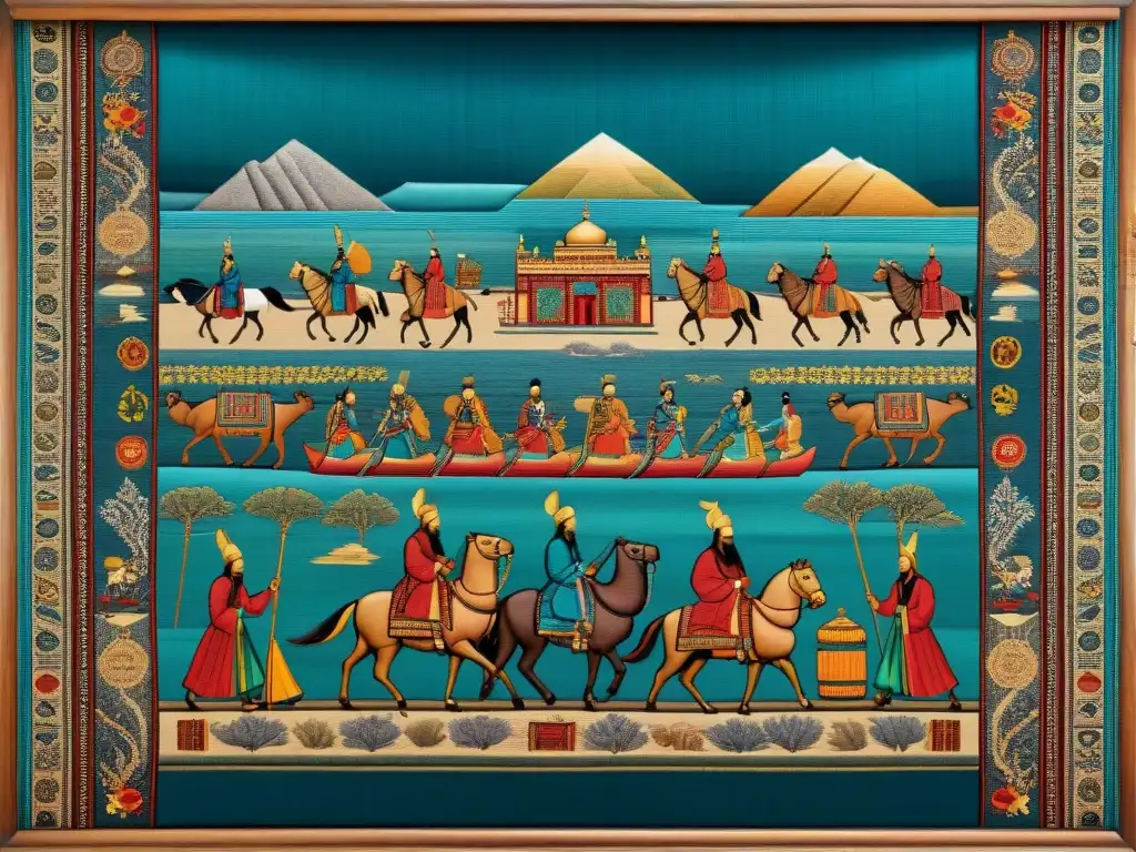 Tapiz detallado de tribus nómadas en la Ruta de la Seda Detallado tapiz de tribus nómadas en la Ruta de la Seda, con colores vibrantes y bordados detallados mostrando su legado