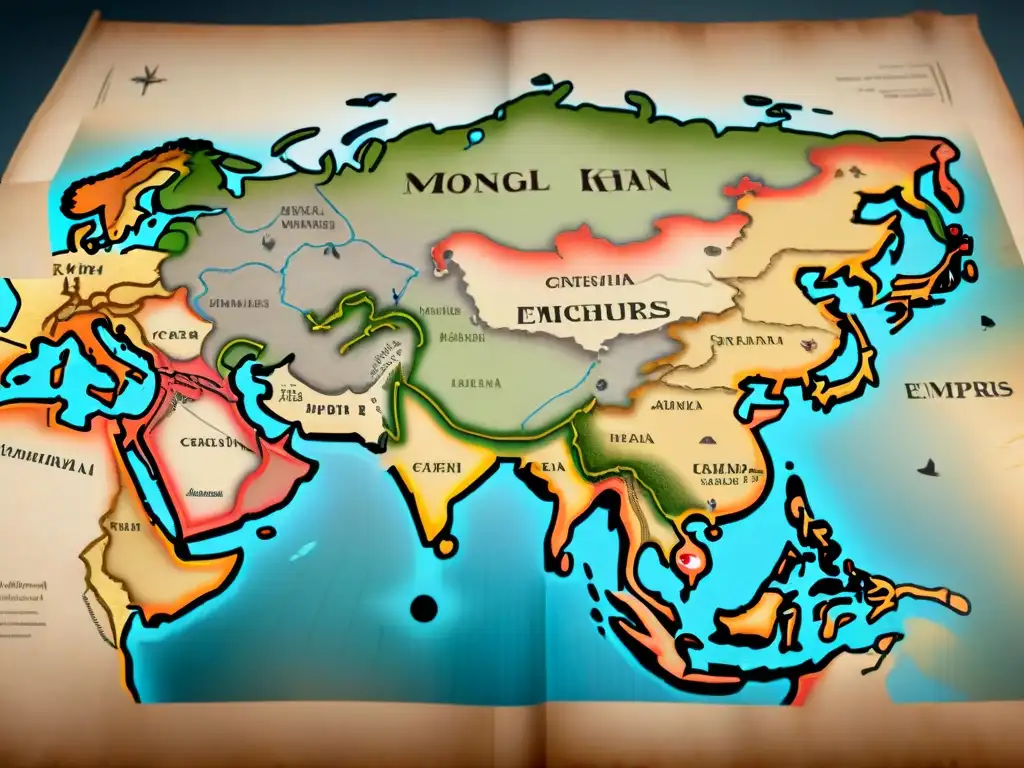 Detalle de antiguo mapa del Imperio Mongol de Genghis Khan, con estrategias militares tribus nómadas