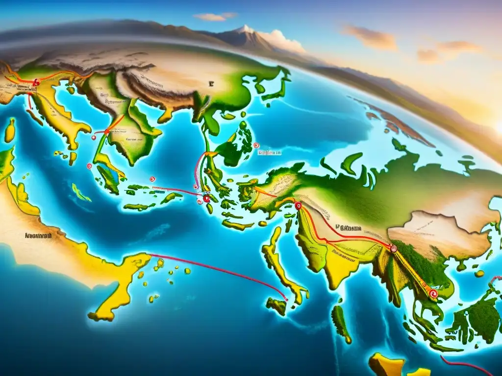 Detalle de un antiguo mapa mostrando el legado lingüístico de tribus nómadas en Eurasia, con ilustraciones y rutas intrincadas