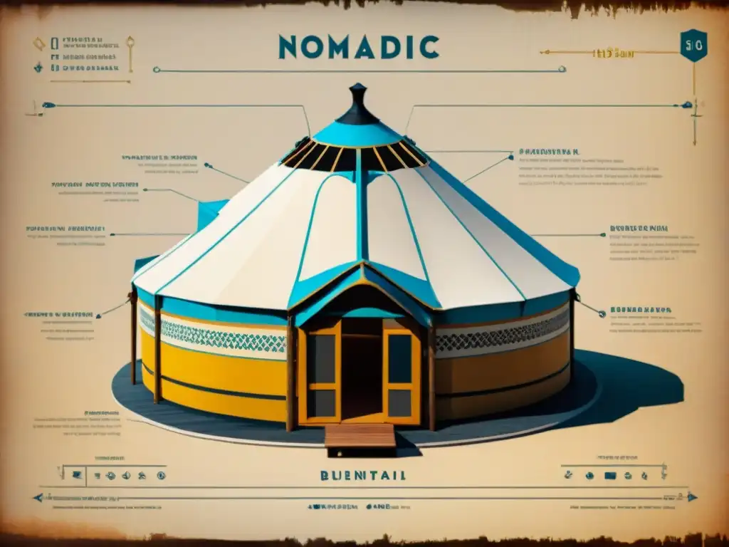 Detalle del antiguo plano de una yurta nómada con cálculos y patrones geométricos, fusionando contribuciones nómadas a la ciencia