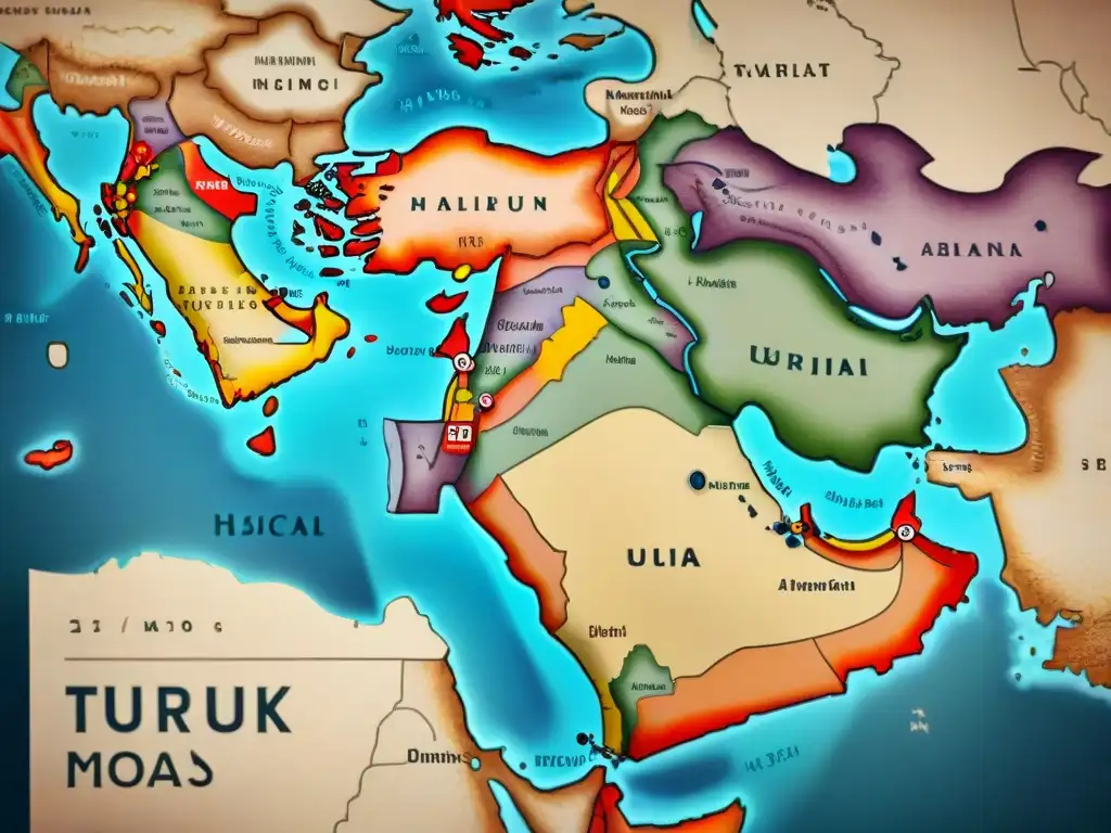 Detalle histórico de la expansión turca selyúcida en Medio Oriente, mapa antiguo con ciudades, rutas comerciales y batallas marcadas en estilo vintage