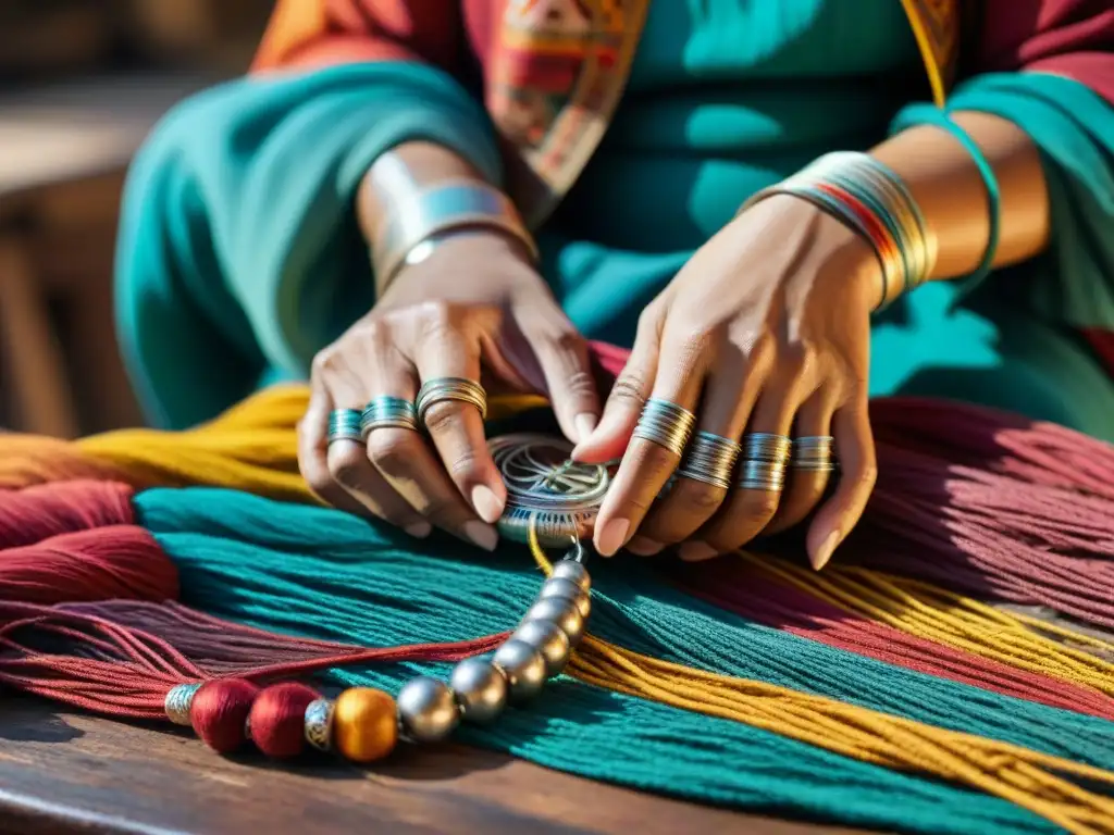 Detalle en 8K de manos de artesano tejiendo indumentaria nómada con hilos coloridos en taller tradicional