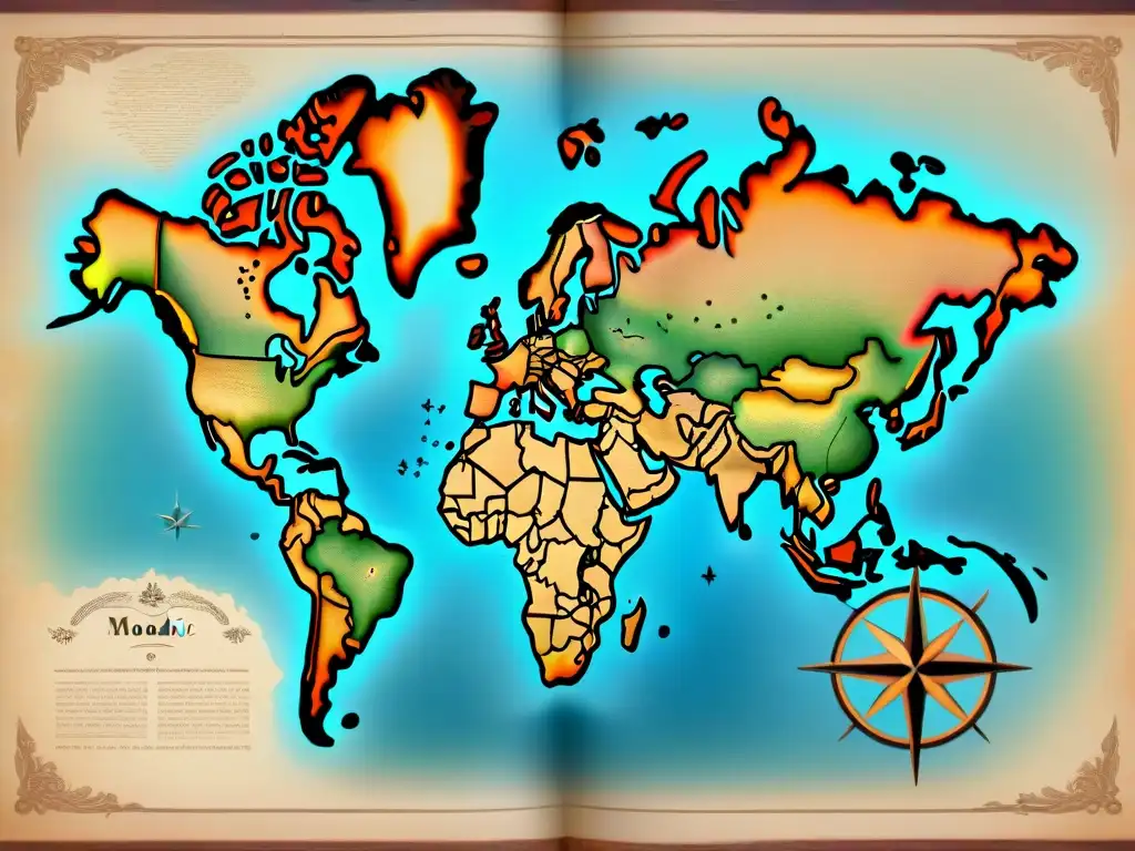 Detalle de mapa vintage: rutas migratorias de tribus nómadas en la historia, con brújula ornamental y caligrafía delicada