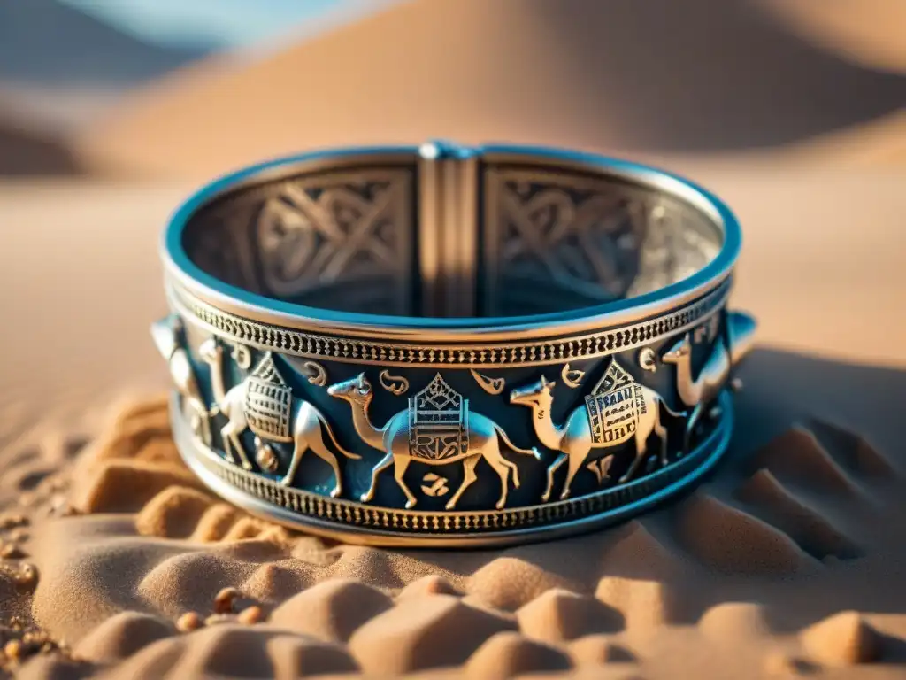 Detalle de pulsera tribal de plata Qashqai con símbolos nómadas en desierto