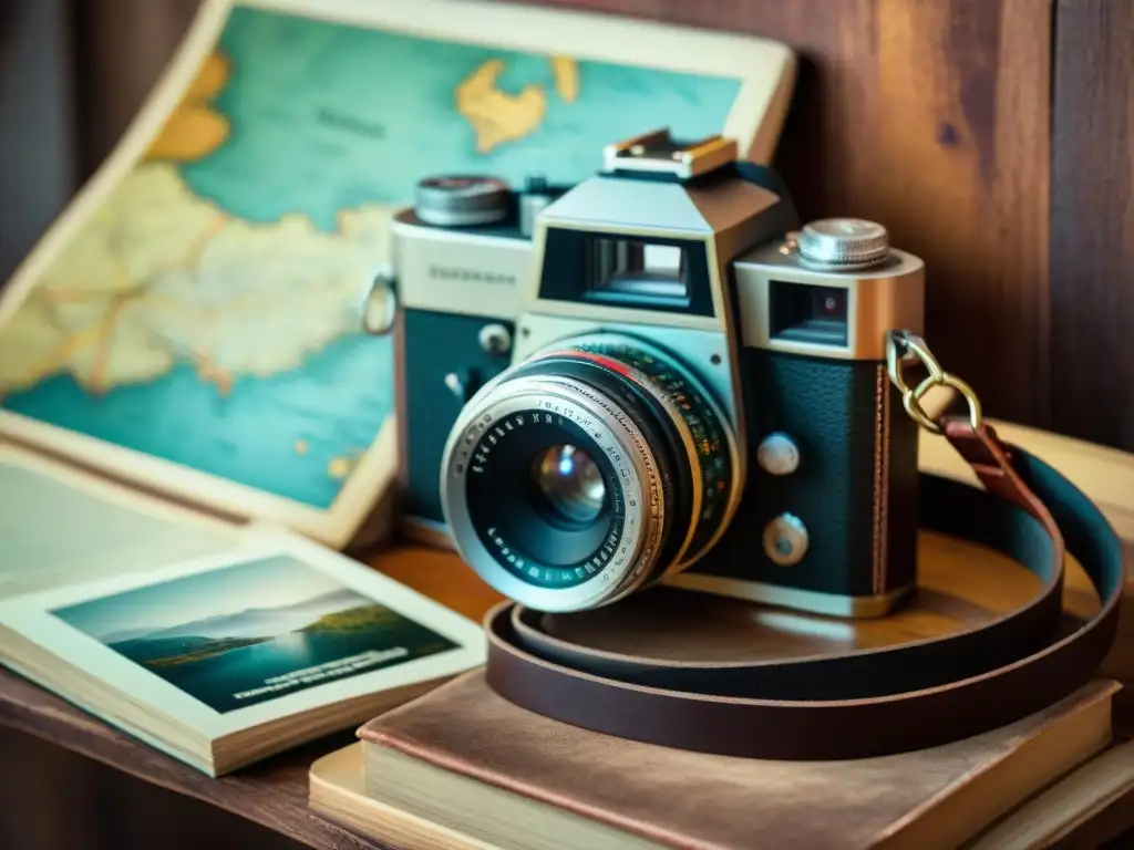 Detalle de cámara vintage rodeada de libros de fotografía, mapas y fotos de tribus nómadas en tonos cálidos