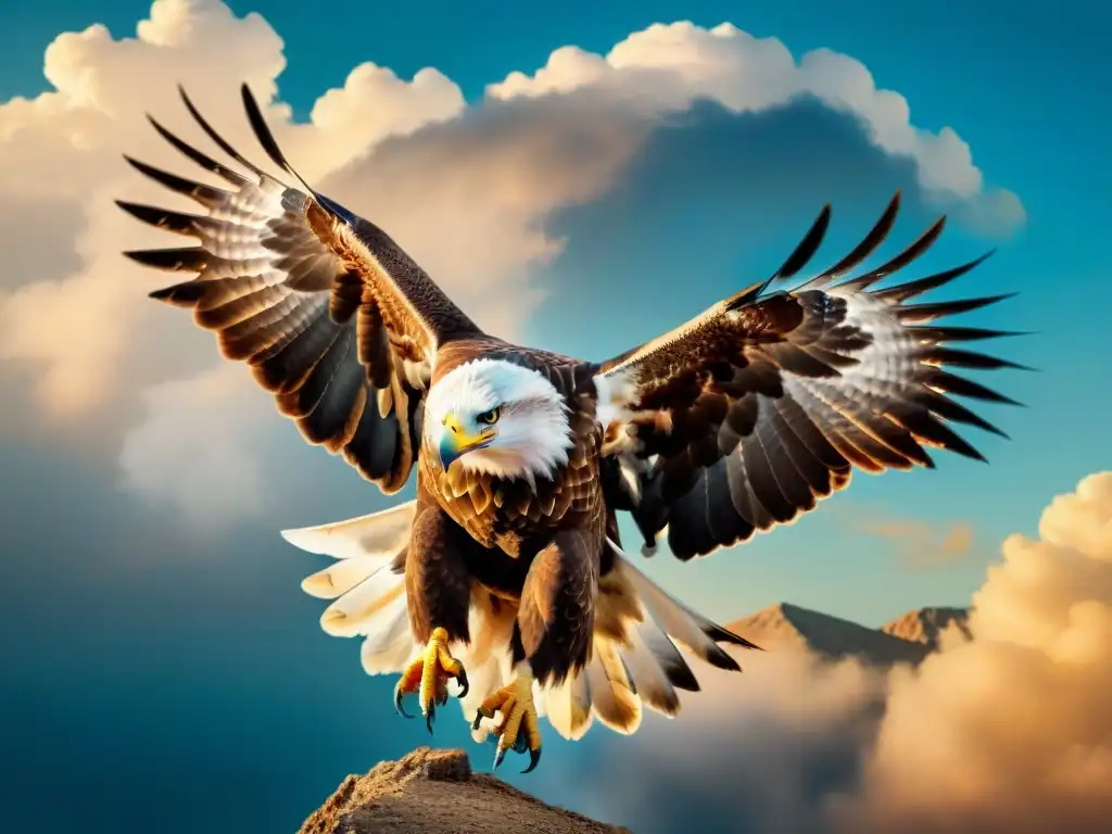 Detalle vintage de un águila majestuosa surcando el cielo, simbolizando fuerza y libertad en la cultura nómada