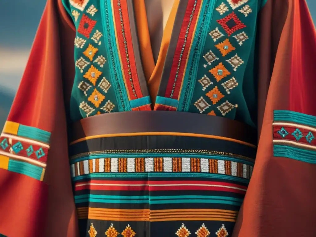 Detalles intrincados en un vestuario tradicional nómada, con tonos vibrantes de rojo, naranja y marrón