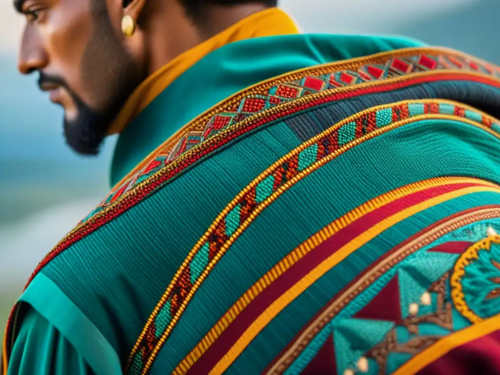 Detalles de un textil nómada tejido con colores vibrantes y patrones intrincados, reflejando la rica historia y cultura de los textiles nómadas