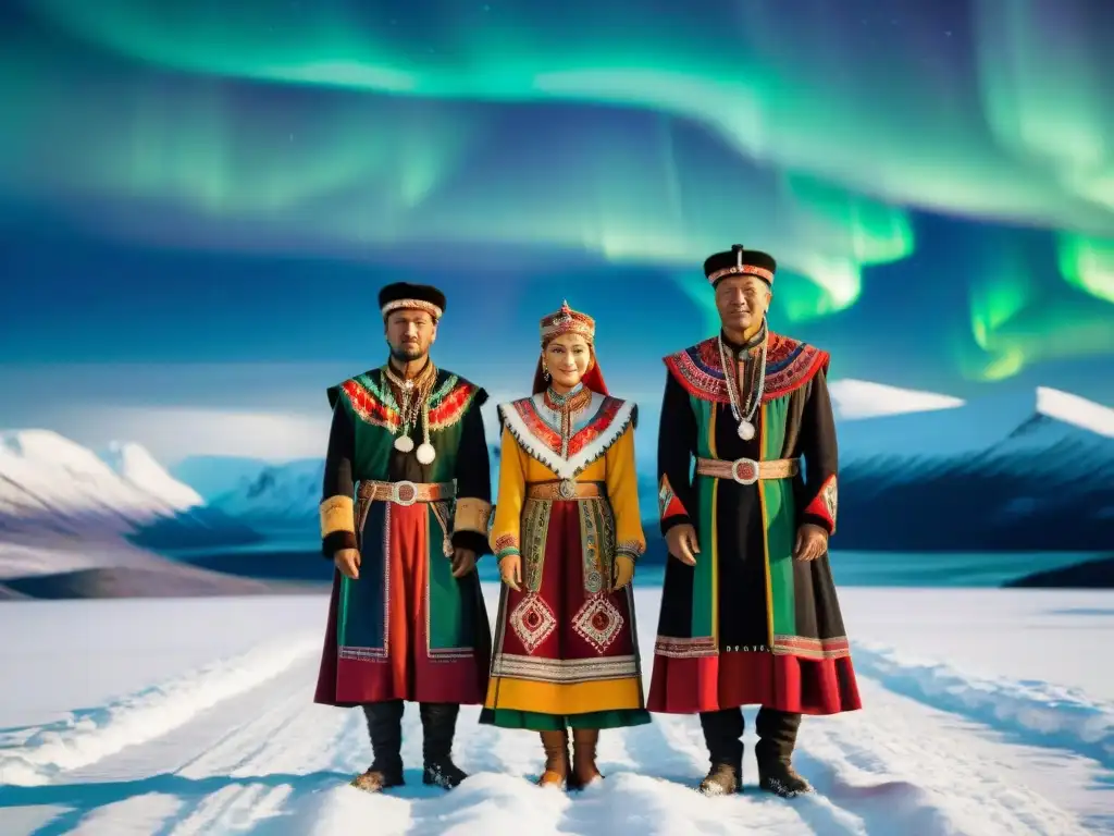 Detalles de la vestimenta y la historia de una tribu nómada Sami, bajo la aurora boreal