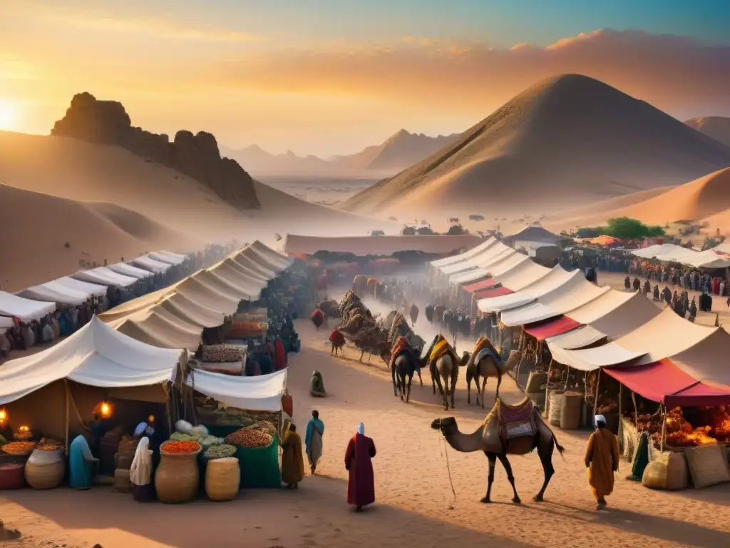 Descubre la dieta de los antiguos nómadas en un bullicioso mercado lleno de colores y sabores exóticos bajo un atardecer en el desierto