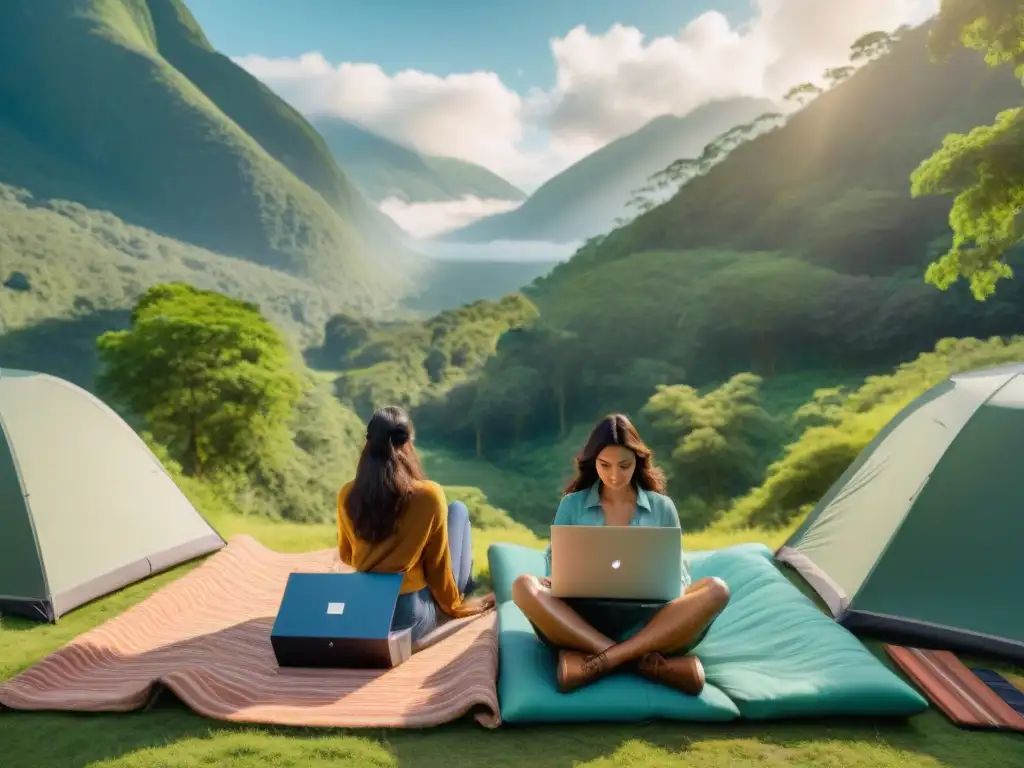 Digital nomads cargan dispositivos con paneles solares en bosque