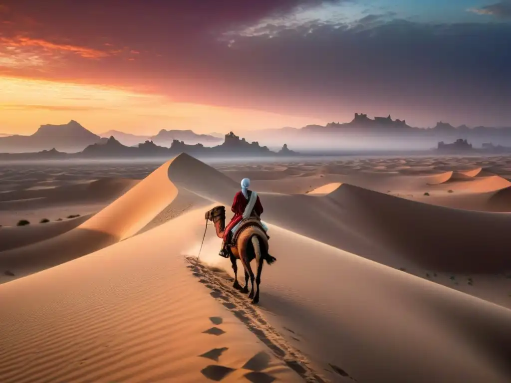 Dinastías nómadas cabalgan en el desierto al atardecer, destacando su legado cultural y la grandiosidad de su historia