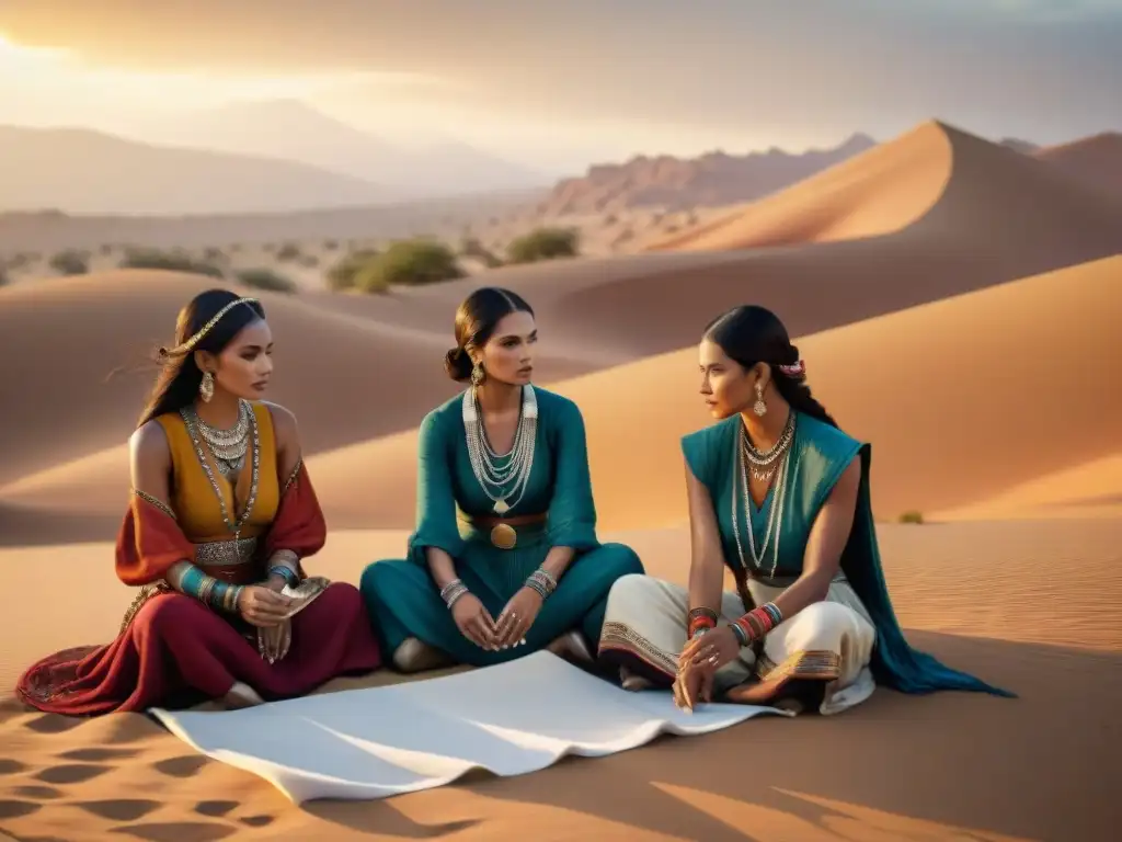 Diseñadores nómadas crean moda: fusión tradicional y moderna en el desierto Diseñadores de moda nómada contemporánea inspirada en tradiciones trabajando en el desierto al atardecer