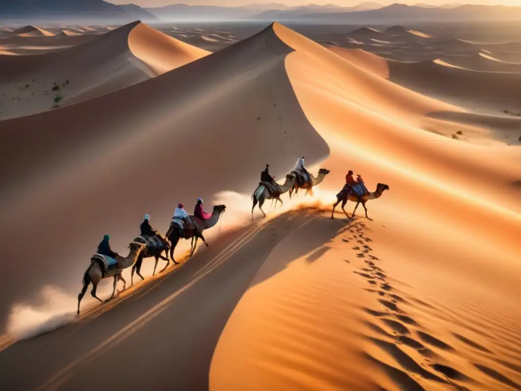 Diseño de transportes ecológicos nómadas viajando por un vasto desierto dorado al atardecer