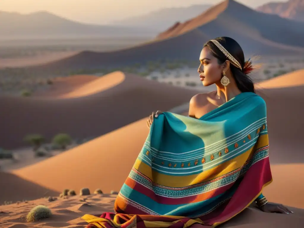 Diseños contemporáneos inspirados en tribus: textiles tribales coloridos en el desierto al atardecer