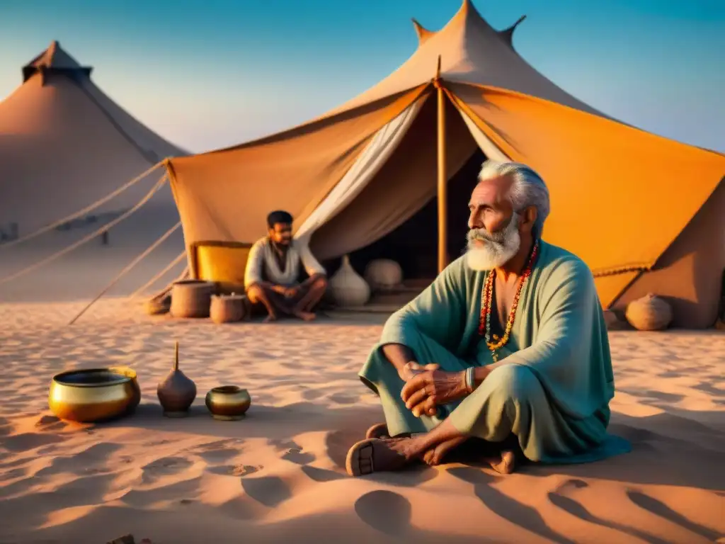 Fotografía documental de tribus nómadas: Anciano contando historias a niños frente a tienda tradicional en desierto al atardecer