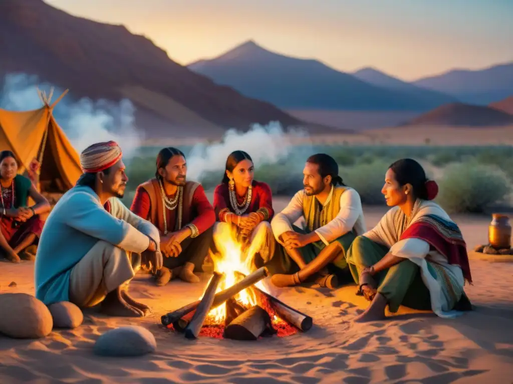 Fotografía documental de tribus nómadas reunidas alrededor de una fogata al atardecer, creando un ambiente de comunidad y conexión