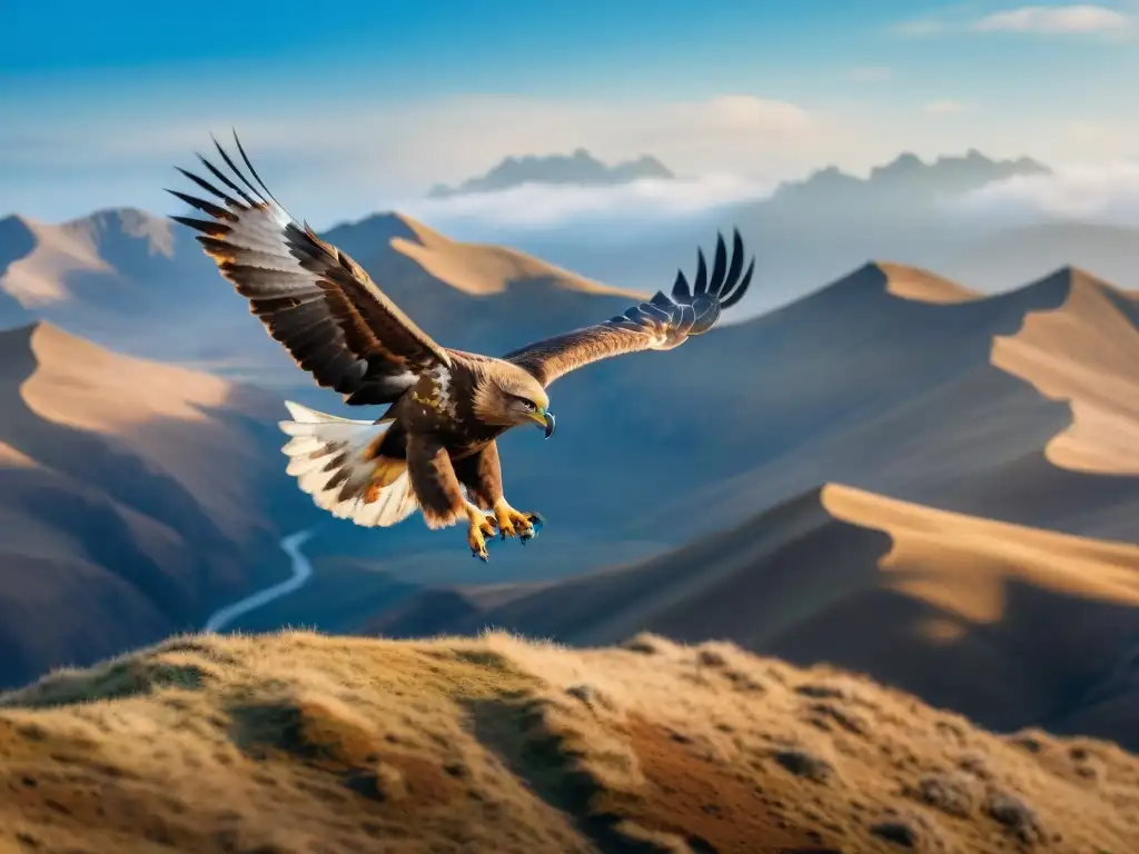 Águila dorada majestuosa planeando sobre estepas, representando el poder y la libertad de los animales emblemáticos tribus nómadas