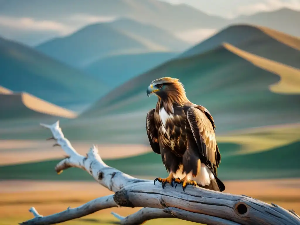 Águila dorada majestuosa en rama vieja, mirada sabia en la estepa mongola