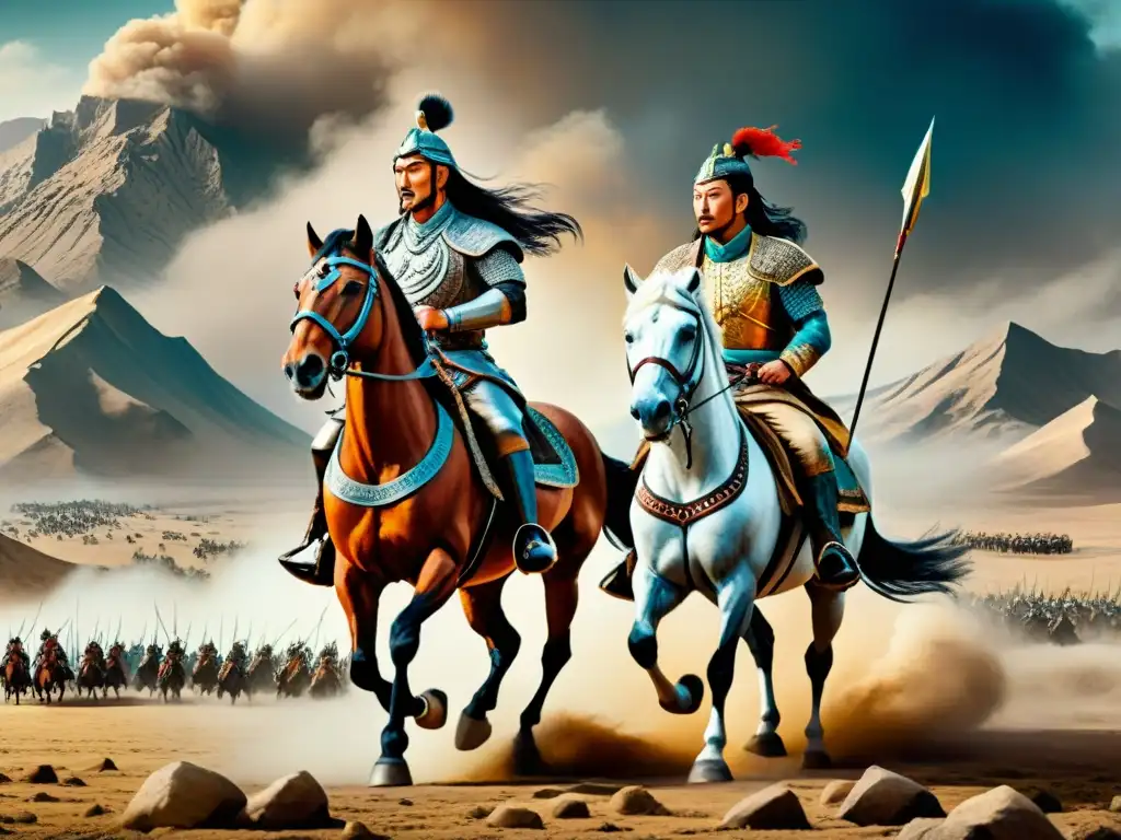 Épica ilustración vintage de Genghis Khan vs Alejandro Magno en dramático enfrentamiento en el campo de batalla