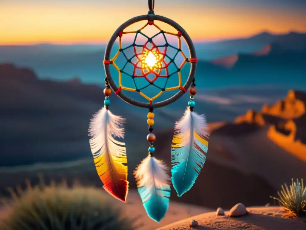 Un dreamcatcher vintage colgado en un paisaje desértico al atardecer, simbolizando la conexión entre sueños y cultura nómada