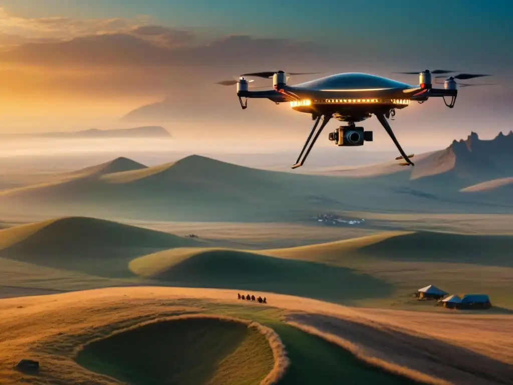 Un drone majestuoso sobrevuela las estepas siberianas, capturando tribus nómadas en movimiento al atardecer