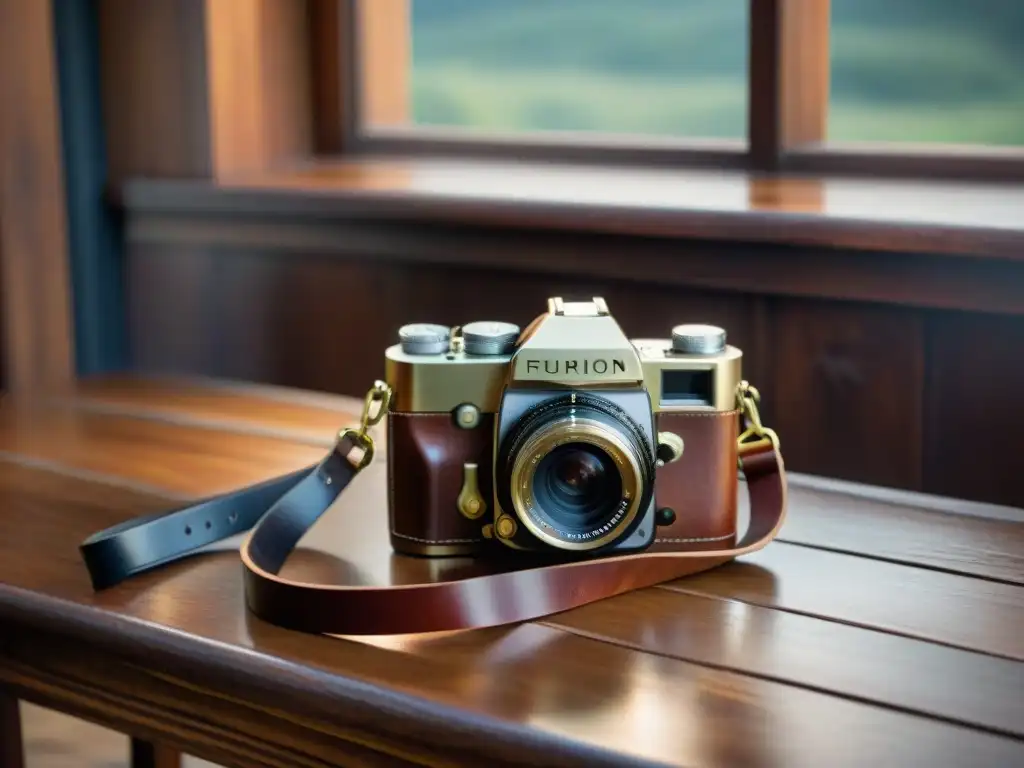 Una elegancia atemporal: bolso de cámara de cuero vintage y cámara antigua en una mesa de madera