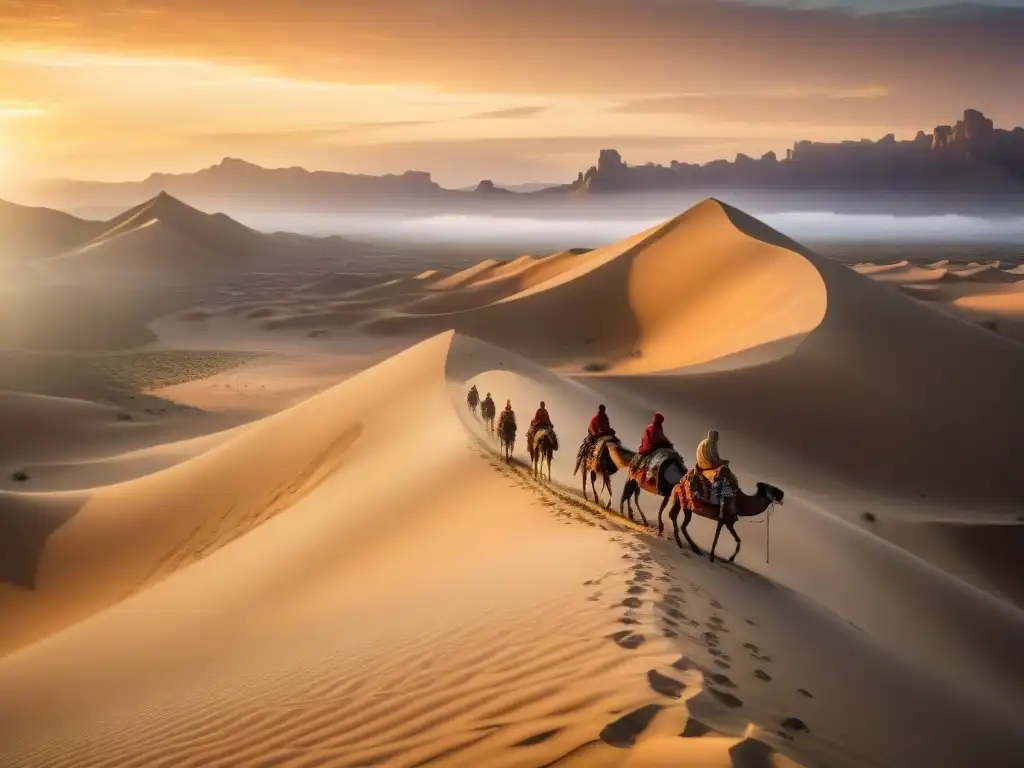 Elementos nómadas en vestimenta terrosa, viajando por un vasto desierto dorado al atardecer