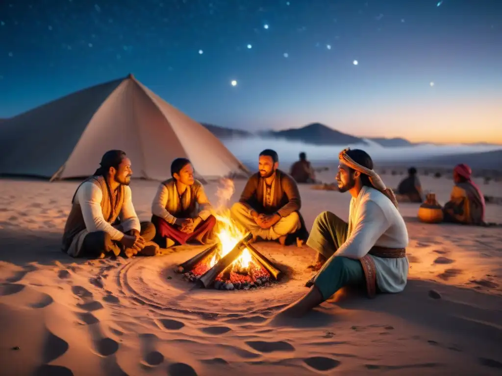 Conexión emocional tribus nómadas reunidas alrededor de fogata bajo el cielo estrellado en desierto vasto