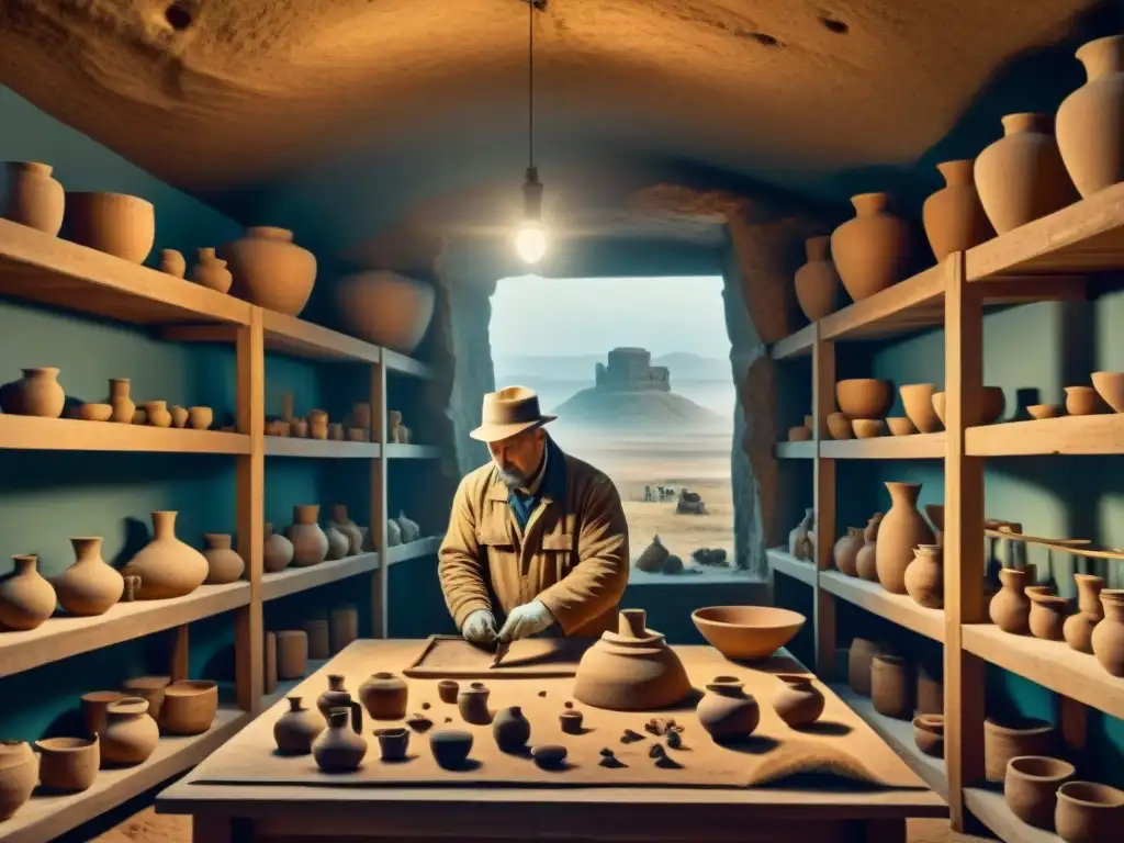 Emocionante escena de arqueólogos en un laboratorio examinando artefactos antiguos, con gear de excavación