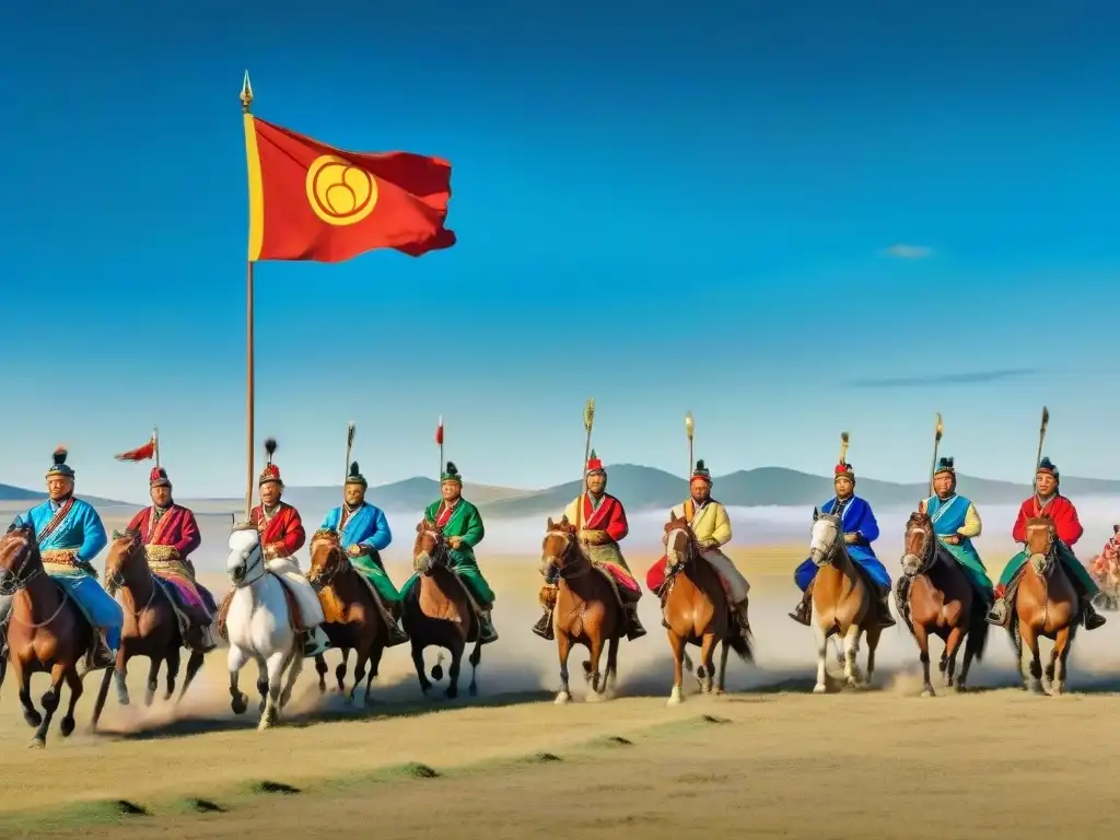 Emocionante festival Naadam en Mongolia: jinetes nómadas en carreras, banderas coloridas y espectadores felices