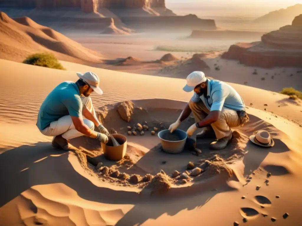 Excavación arqueológica al atardecer: descubriendo el pasado nómada Emotiva escena de arqueólogos excavando en desierto al atardecer
