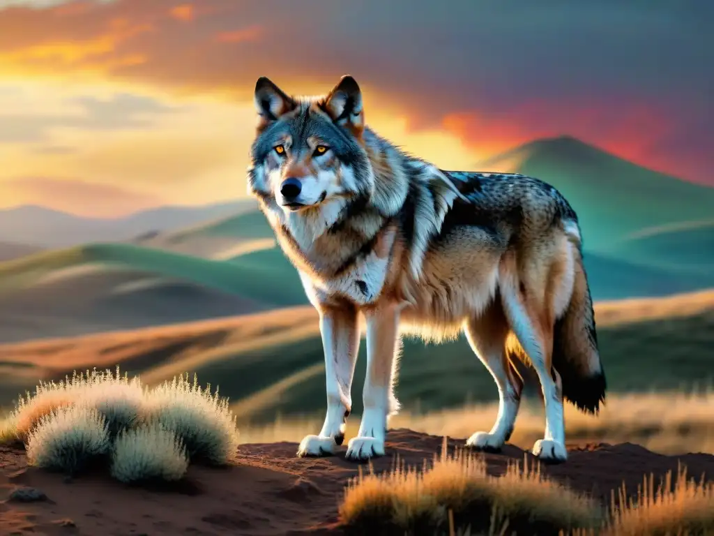 Emotiva ilustración vintage de un majestuoso lobo estepario en paisaje de estepa al atardecer