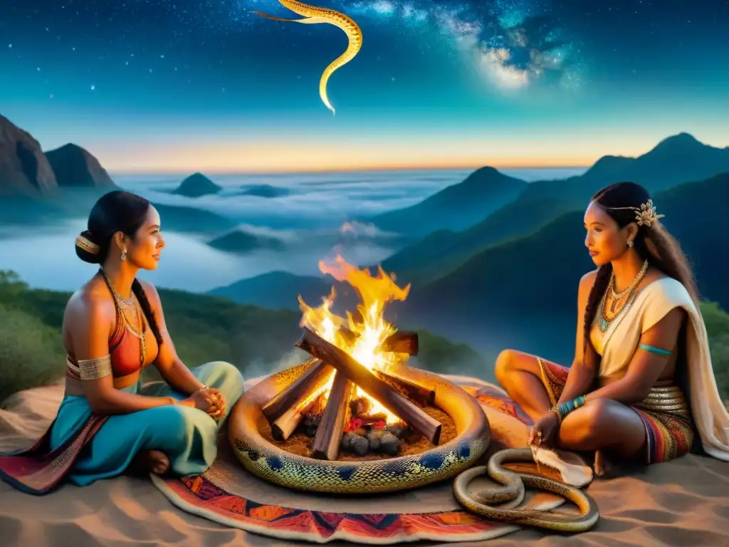 Tribo nómada alrededor del fuego con serpiente mística Emotiva ilustración de tribu nómada alrededor de fogata, con serpiente de significado simbólico en mitología