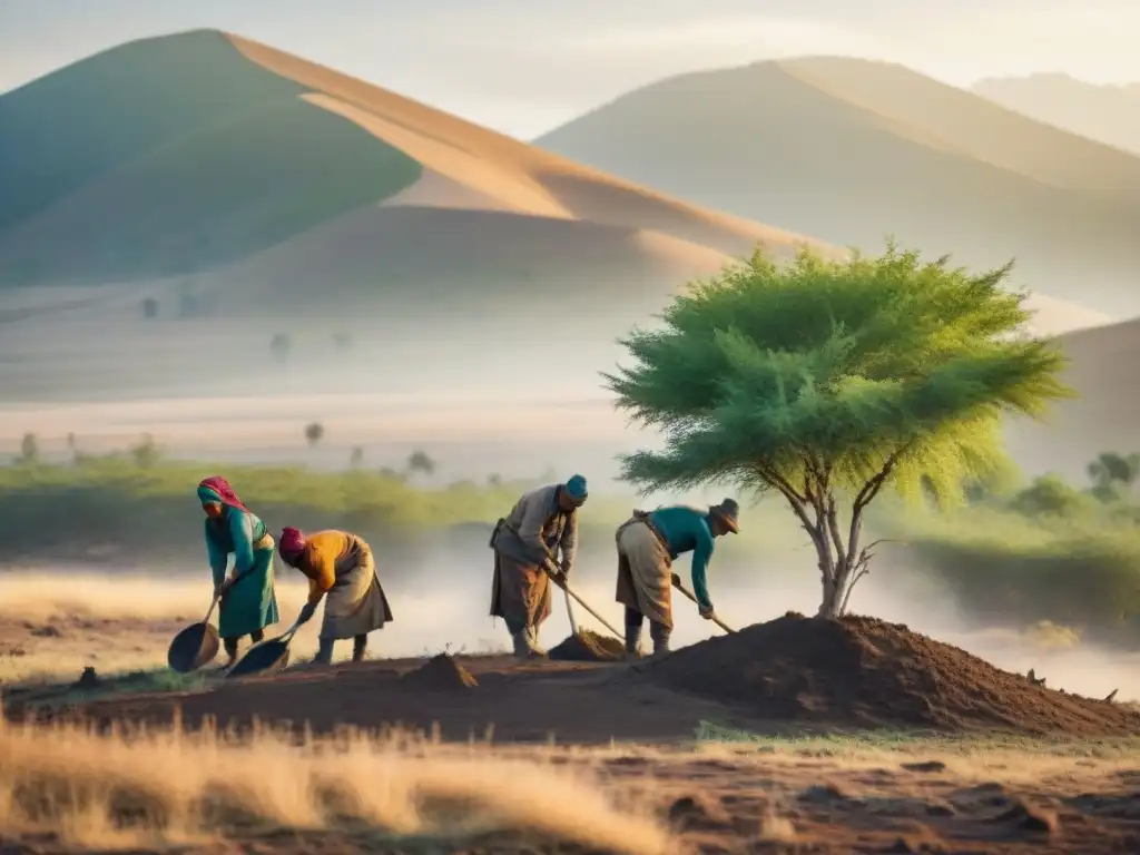 Emotiva reforestación: tribus nómadas trabajan juntas plantando árboles en la estepa, con un atardecer dorado de fondo