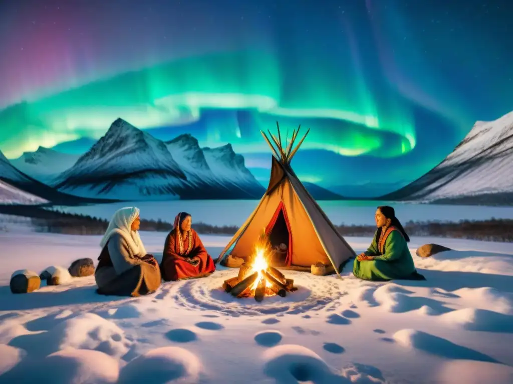 Emotivo ritual de nacimiento de tribu nómada Sami bajo Auroras Boreales en Escandinavia