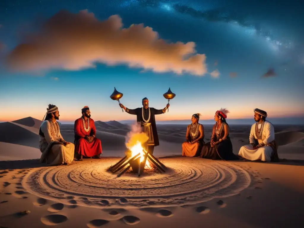 Emotivo ritual de una tribu nómada en el desierto, rodeados de antorchas y vestimenta tradicional, en un festival ancestral bajo las estrellas