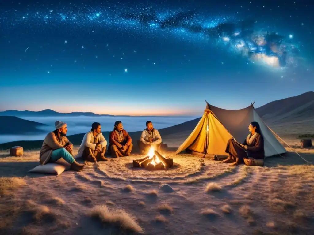 Encantadora escena nocturna de tribus nómadas estepas reunidas alrededor de una fogata bajo un cielo estrellado lleno de simbolismo