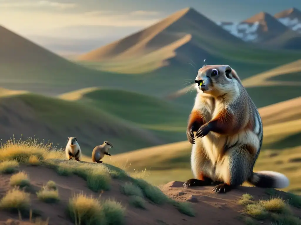 Encuentro entre tribu nómada y marmota emblemática en la estepa