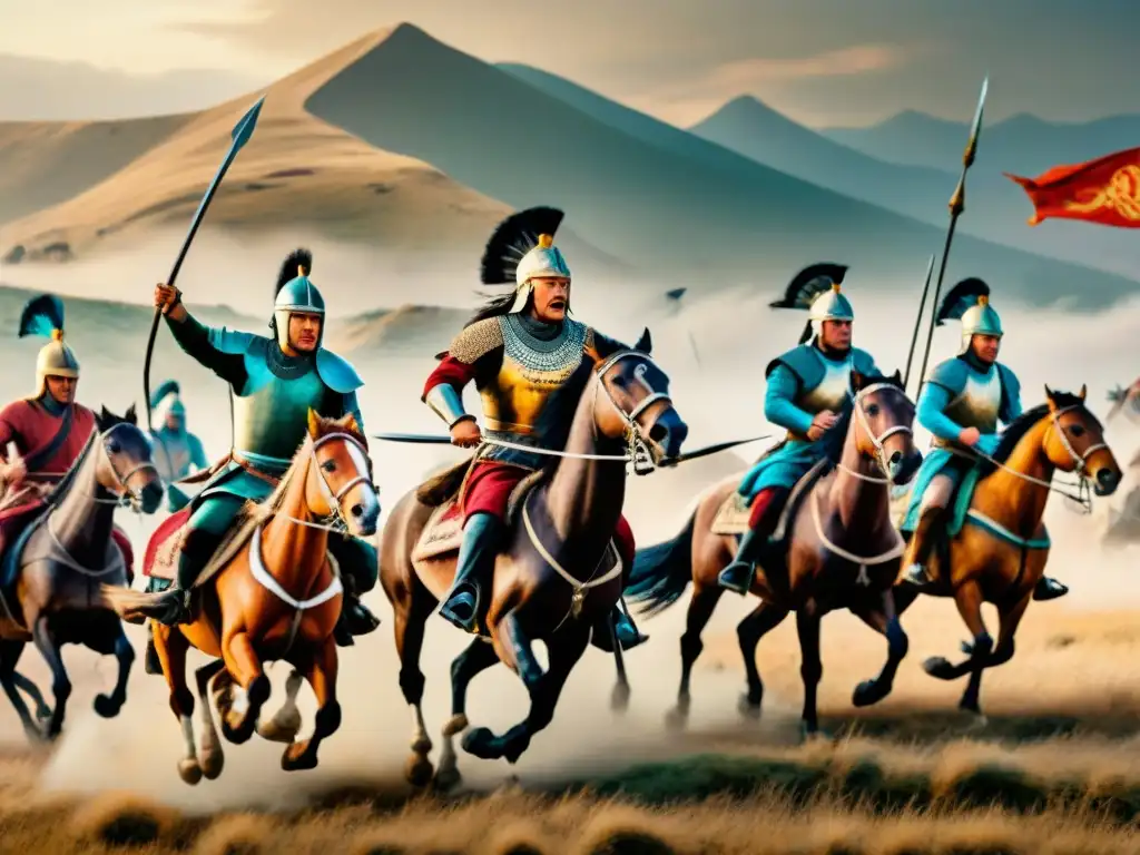 Batalla épica en las estepas: guerreros hunos en combate Épica batalla en las estepas euroasiáticas entre guerreros hunos a caballo y tribus rivales