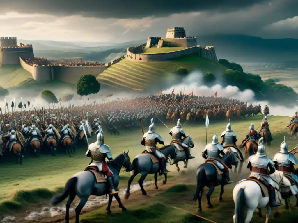 Batalla épica entre hunos y romanos en paisaje salvaje Épica batalla entre guerreros Hunos y legión romana en paisaje agreste