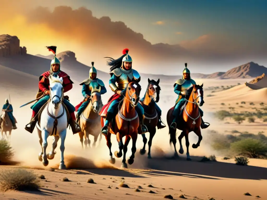 Épica batalla de tribus nómadas en el desierto Épica batalla entre tribus nómadas a caballo en el desierto al atardecer
