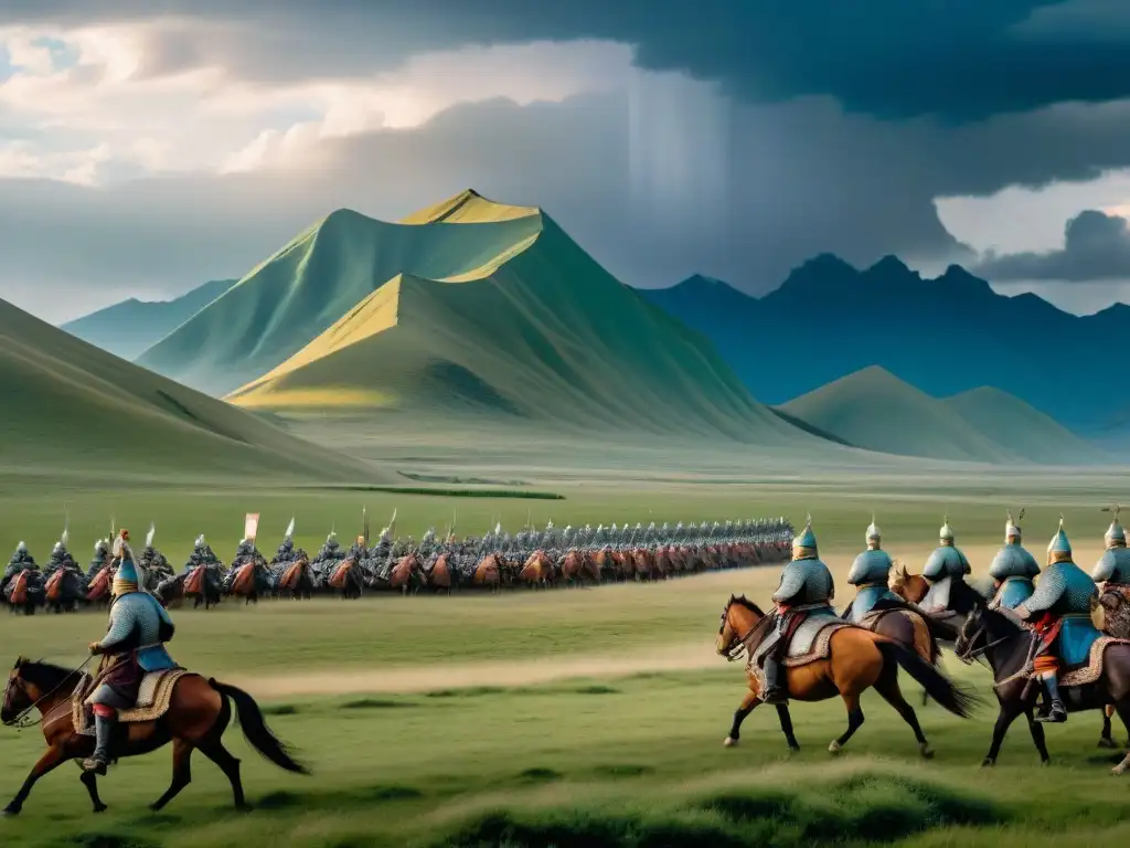 Épica escena de Genghis Khan y sus generales liderando un vasto ejército mongol por las estepas de Asia