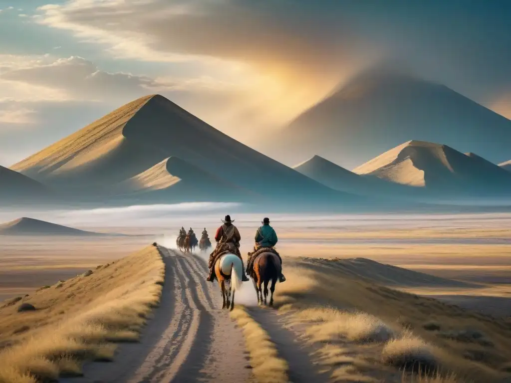 Epicas estepas nómadas: ilustración detallada y envolvente Épica escena de estepa con tribu nómada a caballo y tiendas tradicionales, evocando epopeyas nómadas literatura moderna