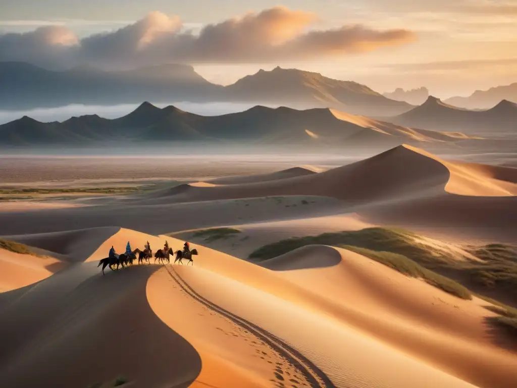 Épica escena de tribus nómadas cabalgando al atardecer en un desierto dorado, con legado histórico y cultural ancestral